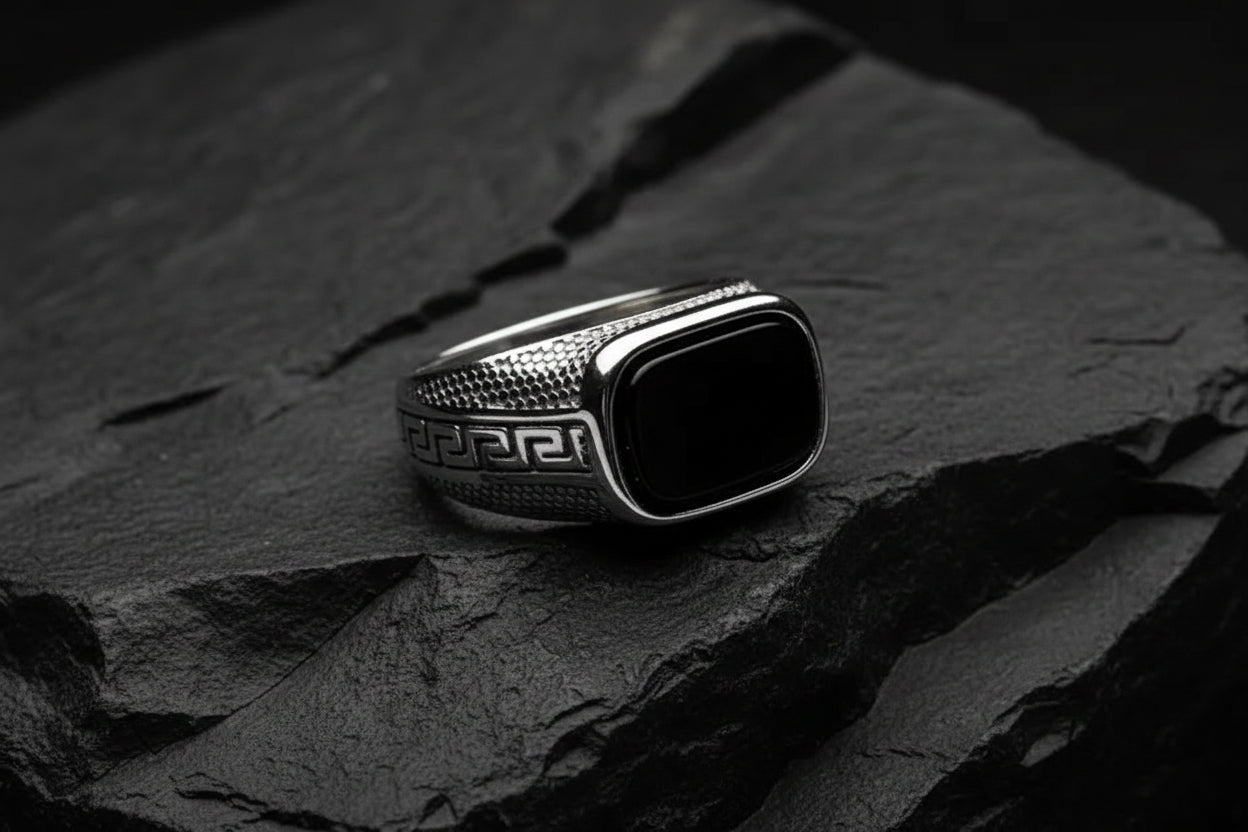 Royal Obsidian Signet Black Stone Ring – Luxury Greek Pattern Men's Ring