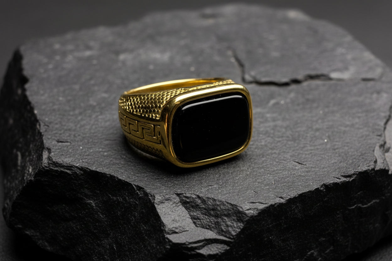 Royal Obsidian Signet Black Stone Ring – Luxury Greek Pattern Men's Ring
