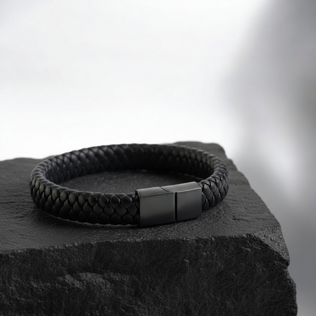 Royal Black Braided Leather Bracelet Flat | Luxury Deals 20% OFF Ramadan Special Deal ✨🔥