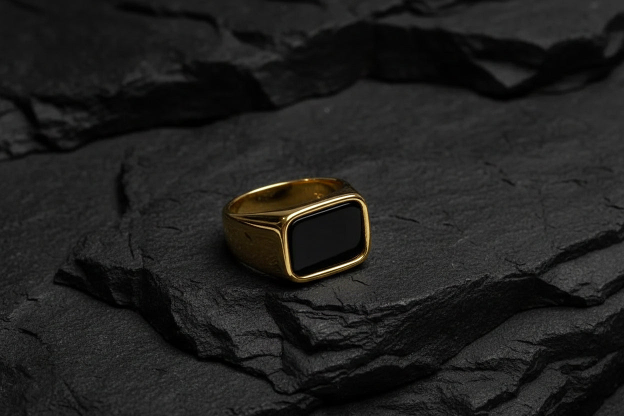 Classic Black Onyx Square Signet Ring Luxury Men's Gold Ring ✨