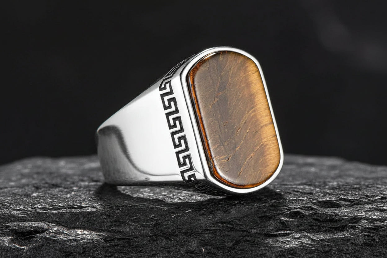 Royal Greek Key Signet Stone Ring for Men | Luxury Deals Flat 20% OFF Ramadan Special Deal ✨🔥