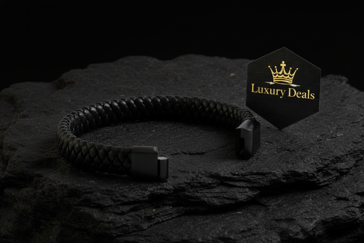 Royal Black Braided Leather Bracelet Flat | Luxury Deals 20% OFF Ramadan Special Deal ✨🔥