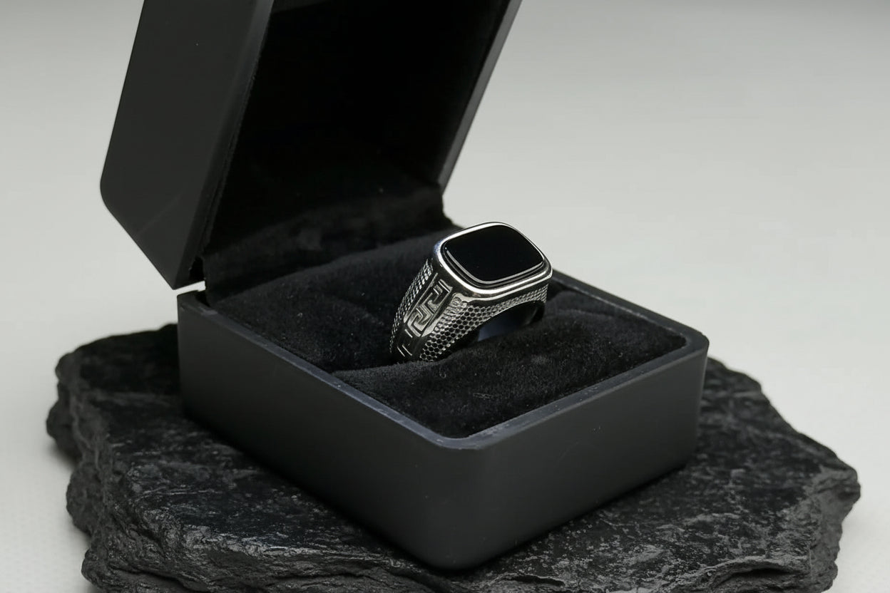 Royal Obsidian Signet Black Stone Ring – Luxury Greek Pattern Men's Ring