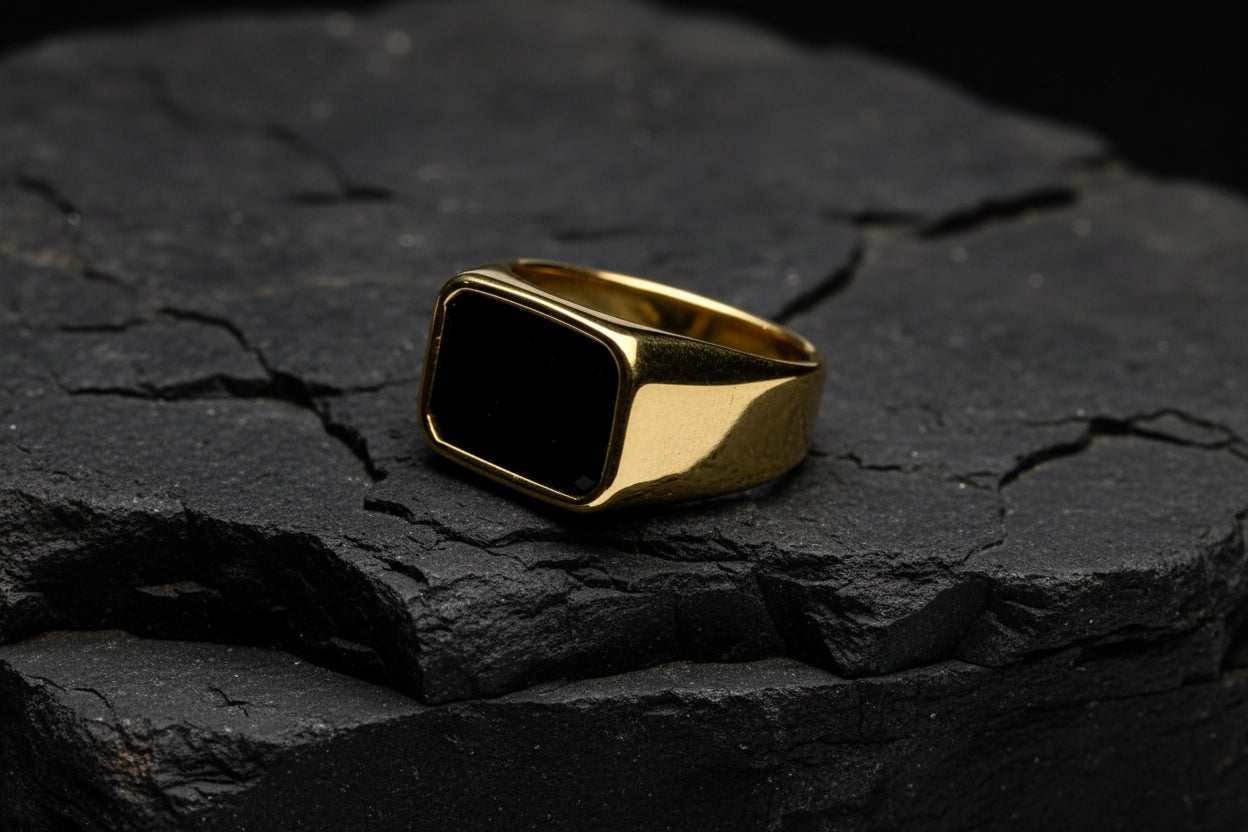 Classic Black Onyx Square Signet Ring Luxury Men's Gold Ring ✨